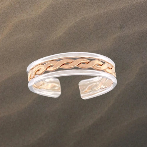 Double Banded Braid Mixed Metal Adjustable Toe Ring - Tribal Waves Silver