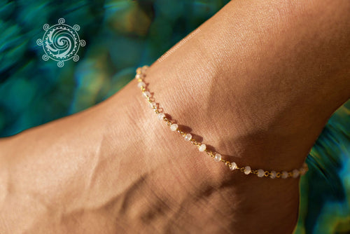 Rosary Chain Anklet Gold Fill with Moonstone Gemstones - Tribal Waves Silver