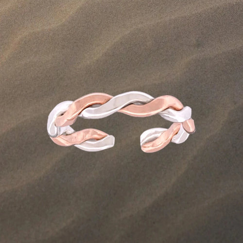 Rose Gold and Sterling Silver Braid Adjustable Toe Ring - Tribal Waves Silver