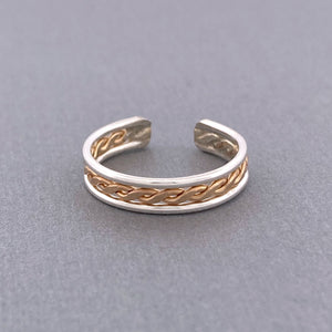 Double Banded Braid Mixed Metal Adjustable Toe Ring - Tribal Waves Silver